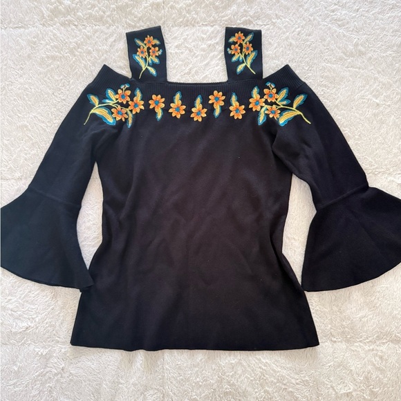 INC Black Off-Shoulder Blouse w/ Embroidered Flowers – M - Picture 1 of 4
